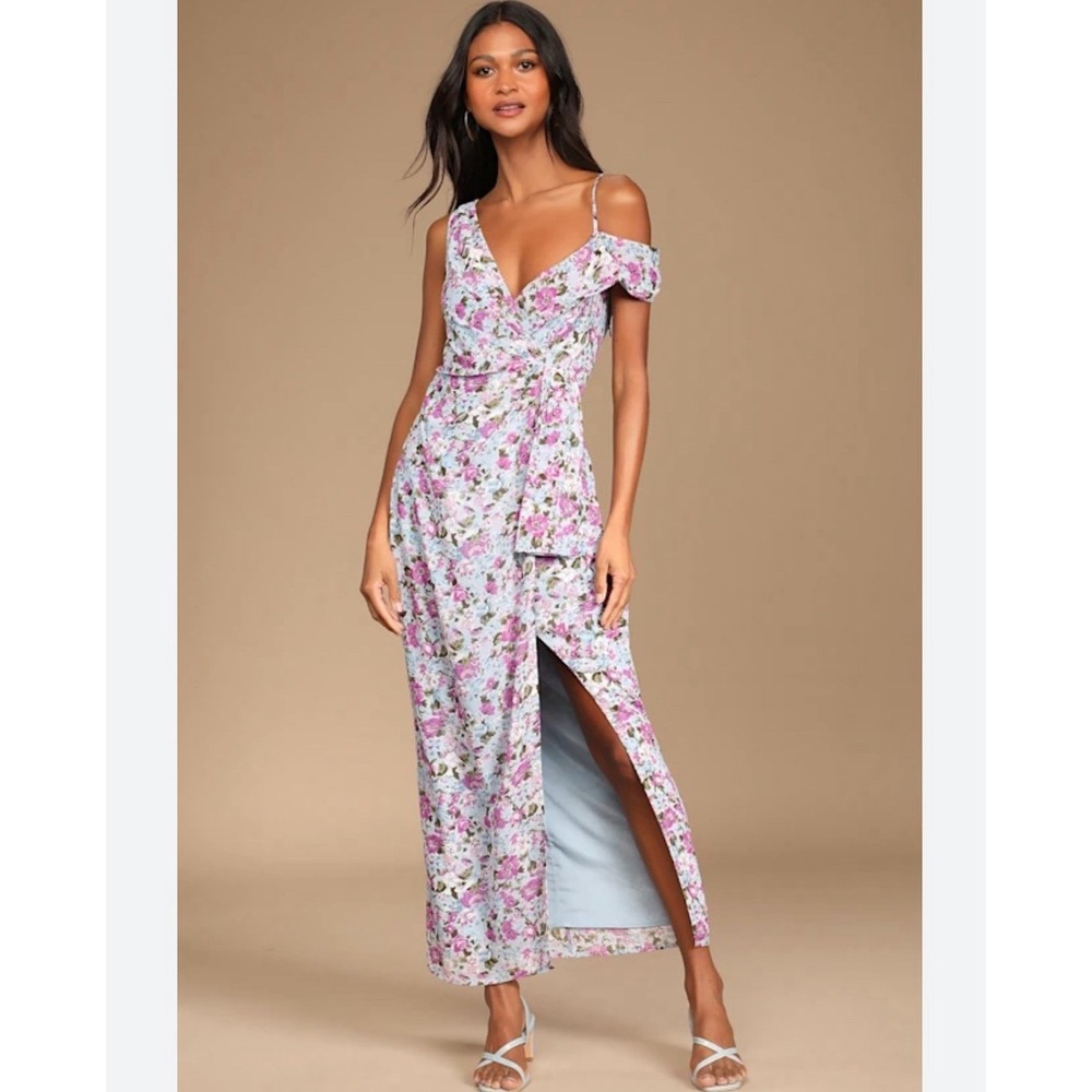 With a Flourish blue floral‎ print off the shoulder maxi Lulus size medium NEW